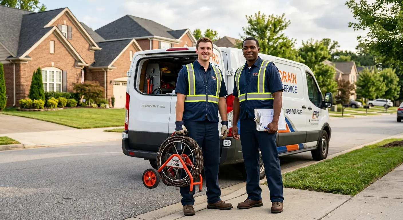 Sewer and drain service team with equipment ready for work in Cambria