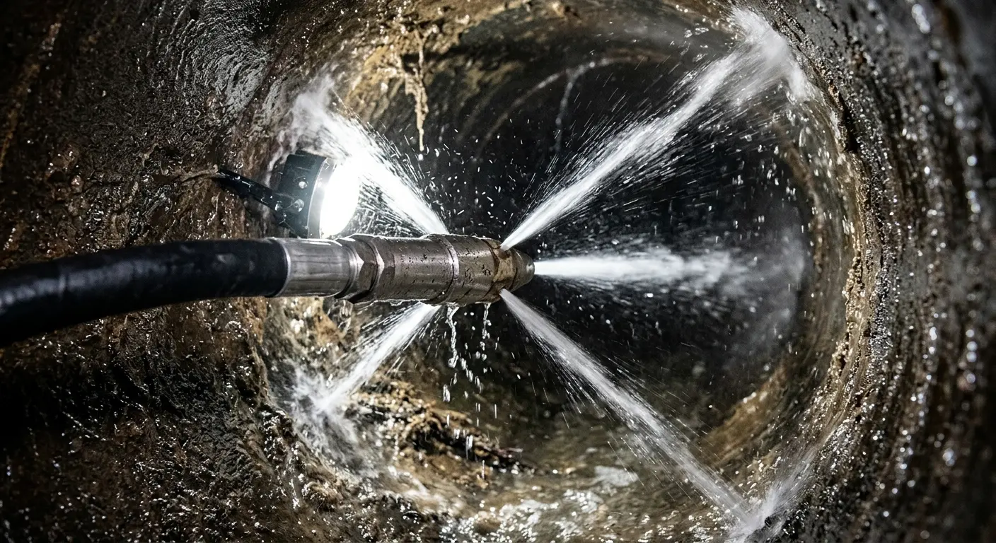 High-pressure hydro jetting nozzle cleaning sewer pipe for Emergency Drain Service in Cambria