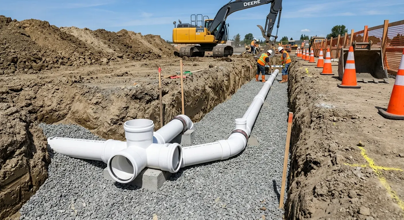 New PVC sewer pipe installation in open trench for Sewer Backup in Cambria