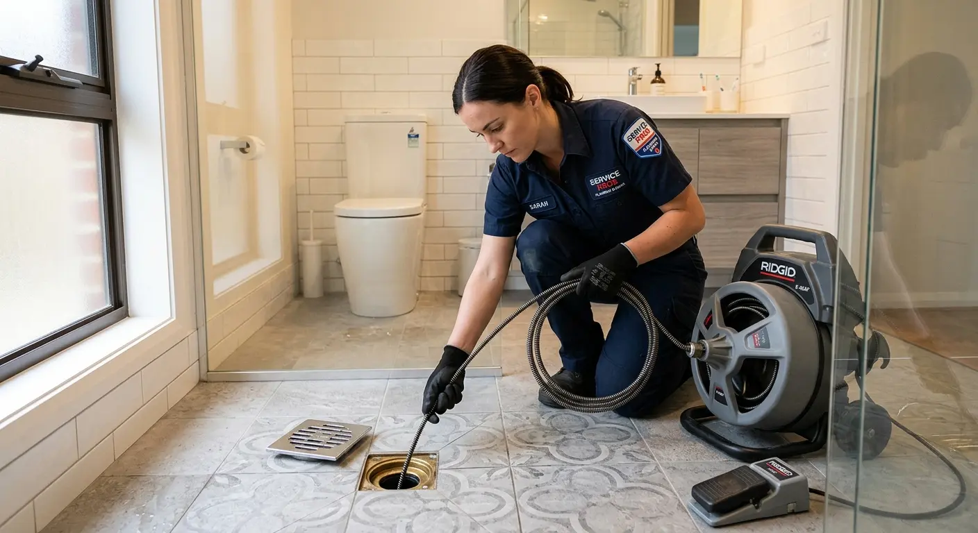 Technician clearing a bathroom floor drain for Drain Repair in Cambria